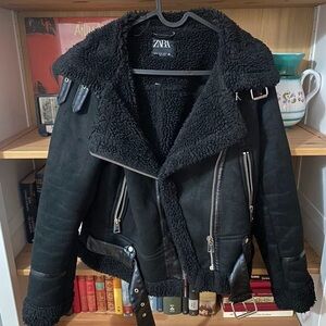 Zara Black Teddy Jacket with Shearling Lining